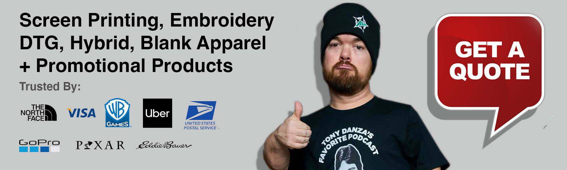 Screen Printing, Embroidery DTG, Hybrid, Blank Apparel + Promotional Products - Get A Quote Today